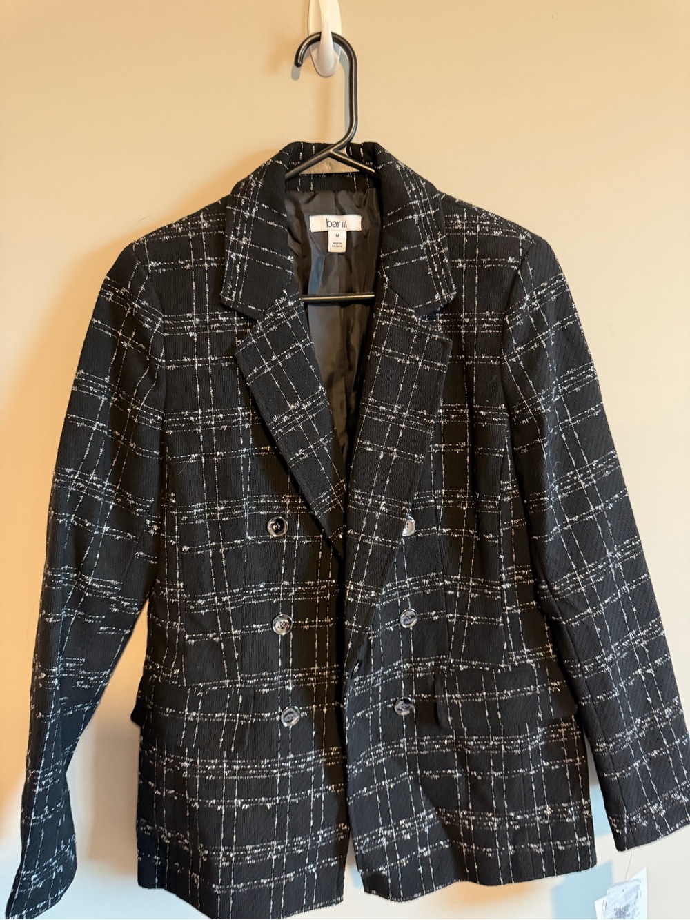 Bar III Black and White Plaid Double-Breasted Blazer